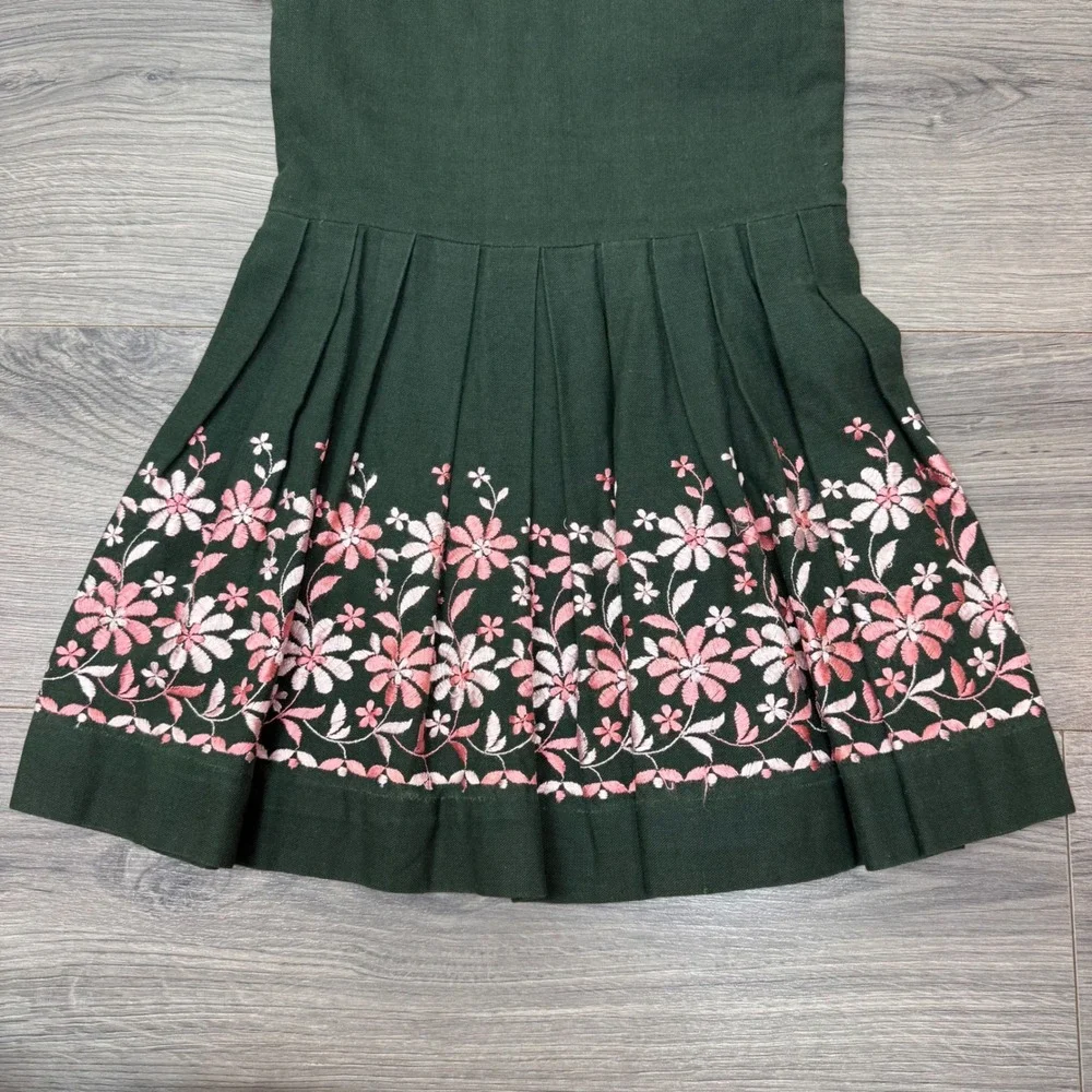 Vintage German Dirndl Set Kids Sz 6 Green Pink Floral Dress Apron Oktoberfest